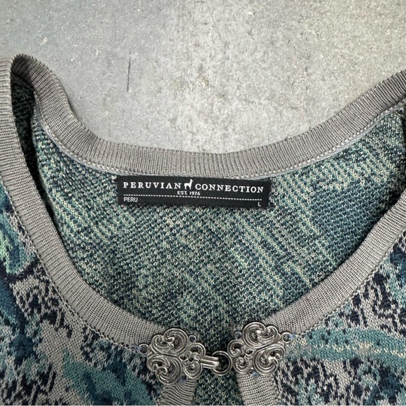 Peruvian Connection Teal and Charcoal Knit Cardigan large - Picture 2 of 5